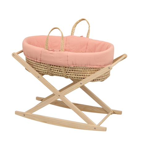 Couffin bébé en fibres naturelles et habillage tissu avec support en pin massif Beige/marron+Blanc/orange+Bleu+Rose+Rose imprimé+Vert tilleul 20 - vertbaudet enfant 