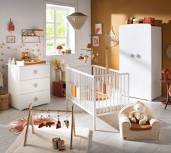 Chambre et rangement-Chambre bébé complète basic, lit 120x60 tout barreaux, commode à langer 3 tiroirs et armoire 2 portes - boutons cœur - basic
