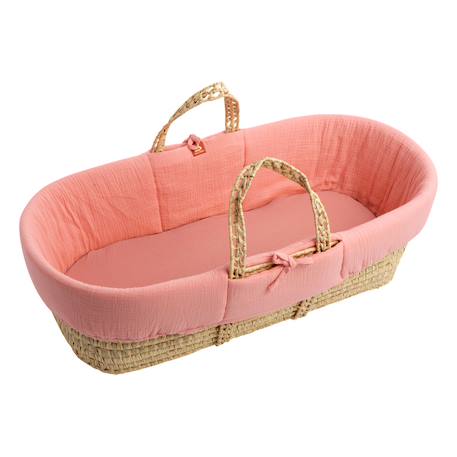 Couffin bébé en fibres naturelles et habillage tissu avec support en pin massif Beige/marron+Blanc/orange+Bleu+Rose+Rose imprimé+Vert tilleul 22 - vertbaudet enfant 