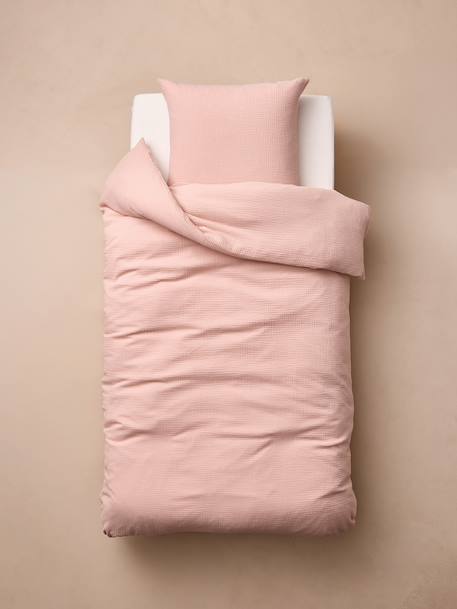 Parure housse de couette et taie d'oreiller unie vert sauge+vieux rose 9 - vertbaudet enfant 