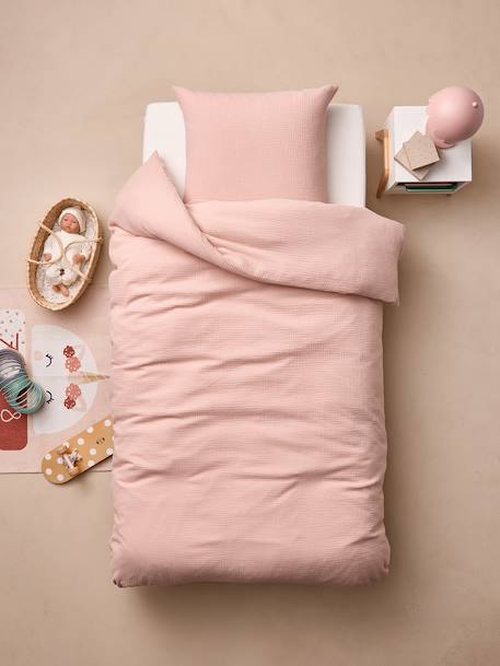Parure housse de couette et taie d'oreiller unie vert sauge+vieux rose 8 - vertbaudet enfant 
