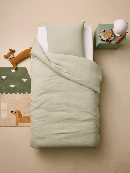 Parure housse de couette et taie d'oreiller unie vert sauge+vieux rose 2 - vertbaudet enfant 