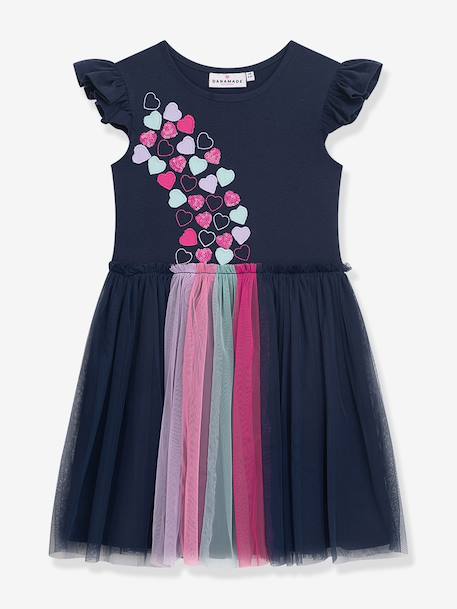 Robe à manches volantées et jupe en tulle fille, application cœur DANAMADE marine 1 - vertbaudet enfant 