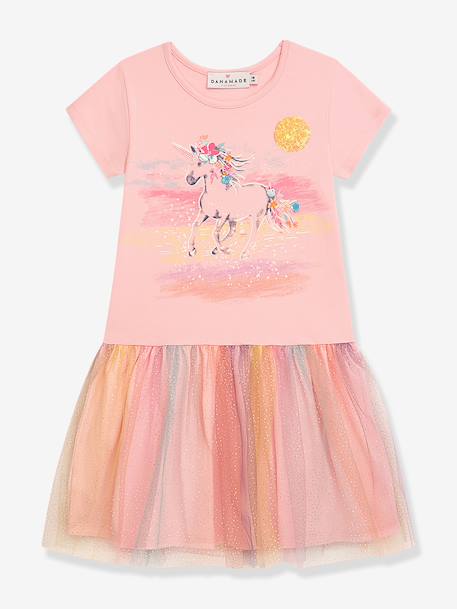 Robe fille DANAMADE avec sequins licorne et jupe en tulle rose poudré 1 - vertbaudet enfant 