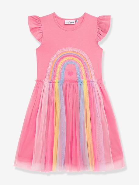 Robe avec jupe en tulle arc-en-ciel et manches volantées fille DANAMADE rose dragée+turquoise 1 - vertbaudet enfant 