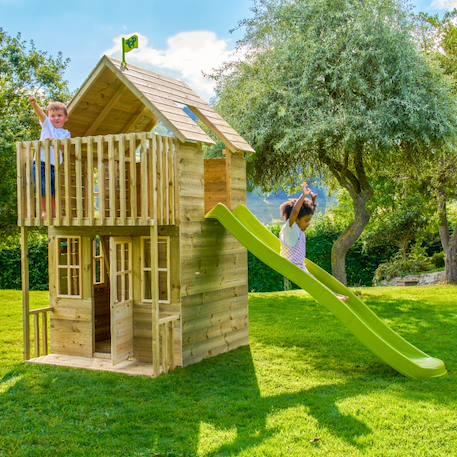 Maisonnette cabane avec toboggan loft bois fsc® Marron - vert 1 - vertbaudet enfant 