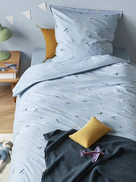 Housse de couette coton 'aviateur' Bleu+Imprimé rime multico 1 - vertbaudet enfant 