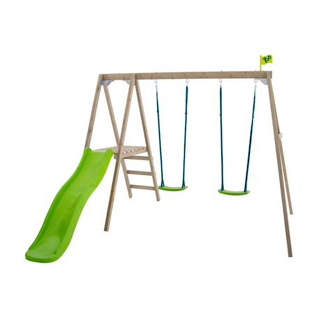Portique 2 balançoires et toboggan thymélée bois h200cm Marron - bleu - gris - vert 2 - vertbaudet enfant 