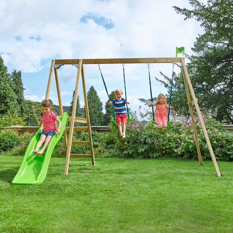 Portique 2 balançoires et toboggan thymélée bois h200cm Marron - bleu - gris - vert 1 - vertbaudet enfant 