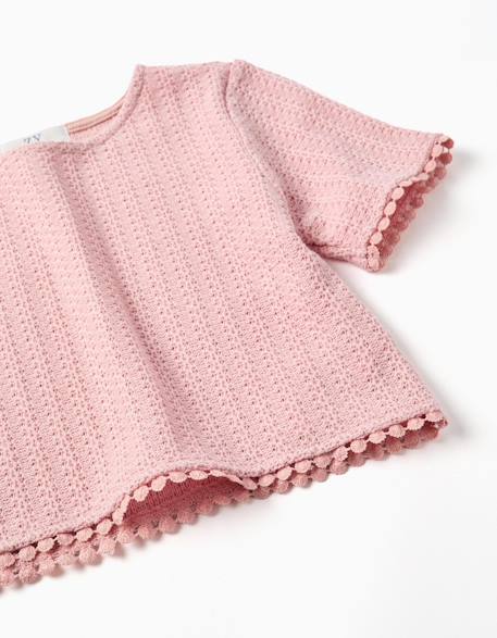 T-shirt en maille avec bordure en crochet Blanc+Rose clair 6 - vertbaudet enfant 
