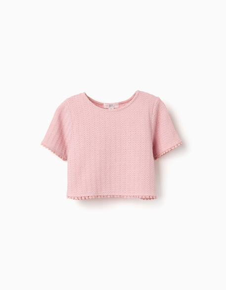 T-shirt en maille avec bordure en crochet Blanc+Rose clair 4 - vertbaudet enfant 