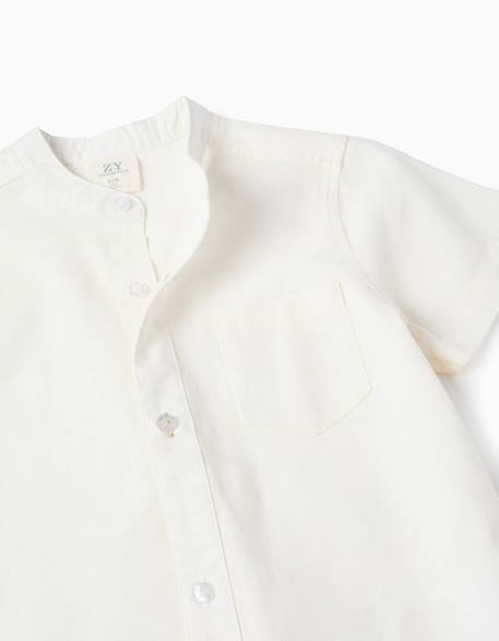 Chemise à manches courtes en lin et coton avec poche Blanc+Bleu foncé 3 - vertbaudet enfant 