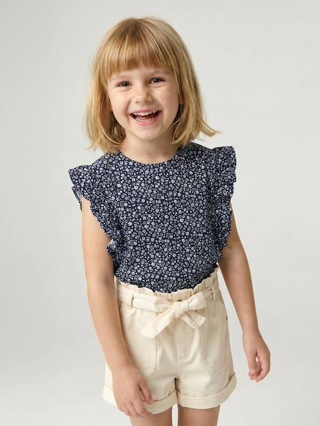 T-shirt manches courtes fille volants marine+vert sauge 1 - vertbaudet enfant 