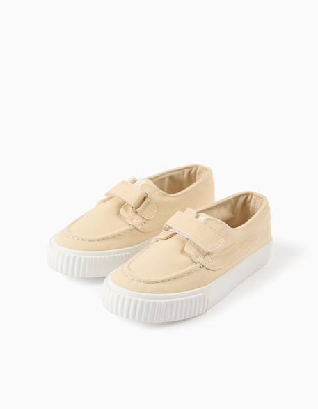 Chaussures bateau en toile avec bride à scratch Beige foncé 2 - vertbaudet enfant 
