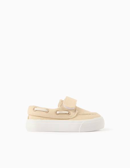 Chaussures bateau en toile avec bride à scratch Beige foncé 1 - vertbaudet enfant 
