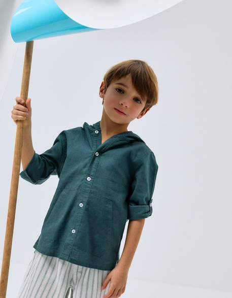 Chemise à manches longues en lin et coton avec capuche Beige clair+Bleu 5 - vertbaudet enfant 