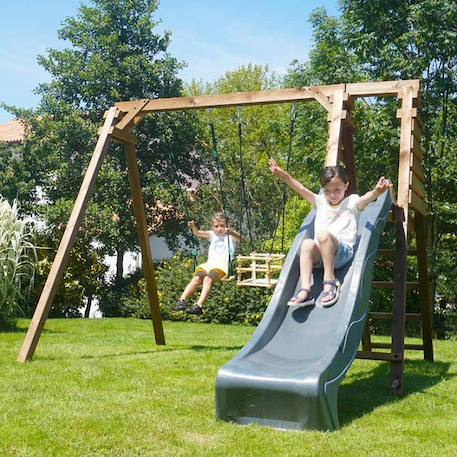 Portique en bois carré 2 agrès avec balançoire bébé et toboggan prune Marron 2 - vertbaudet enfant 