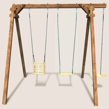 Portique en bois carré 3 agrès avec balançoire bébé et corde disque ulysse Marron 2 - vertbaudet enfant 