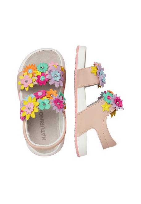 Sandales en cuir avec des fleurs numees 2. Blanc-+Rose poudré- 9 - vertbaudet enfant 