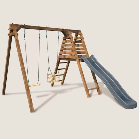 Portique en bois carré 2 agrès avec balançoire bébé et toboggan prune Marron 1 - vertbaudet enfant 