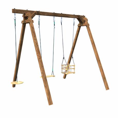 Portique en bois carré 3 agrès avec balançoire bébé et corde disque ulysse Marron 3 - vertbaudet enfant 