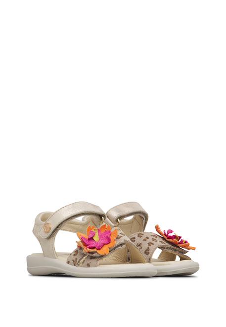Sandales en cuir et velours avec des fleurs mieli Platine-beige 2 - vertbaudet enfant 