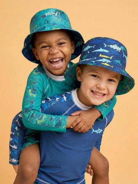 Bob de plage anti-uv réversible - garçon Blanc / Bleu marine à motifs+Bleu / vert à motifs+Vert émeraude 6 - vertbaudet enfant 