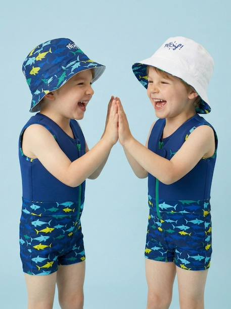 Bob de plage anti-uv réversible - garçon Blanc / Bleu marine à motifs+Bleu / vert à motifs+Vert émeraude 3 - vertbaudet enfant 
