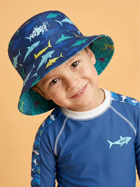Bob de plage anti-uv réversible - garçon Blanc / Bleu marine à motifs+Bleu / vert à motifs+Vert émeraude 4 - vertbaudet enfant 