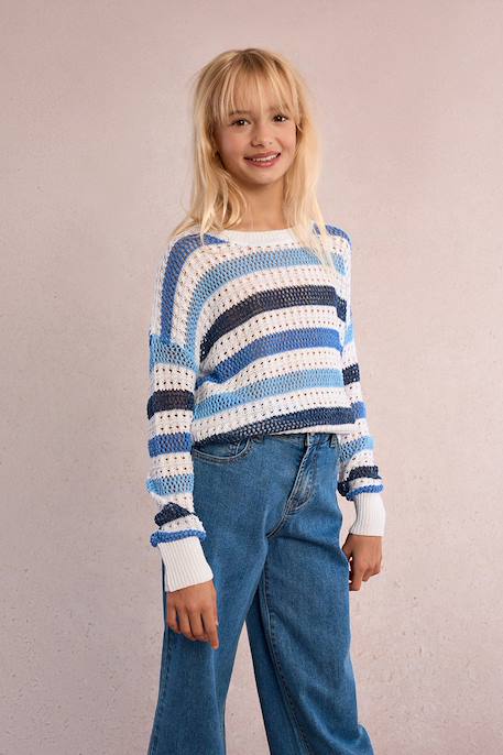 Pull rayé, maille ajourée Bleu 3 - vertbaudet enfant 