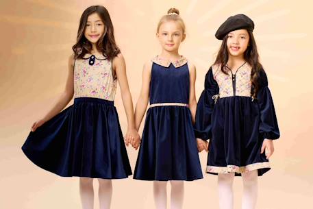 Robe qui tourne  velours   fleuri   hepburn Bleu marine beige rose 6 - vertbaudet enfant 
