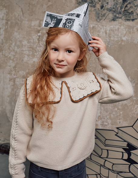 Pull en maille avec col maxi en crochet b&s Beige clair 2 - vertbaudet enfant 