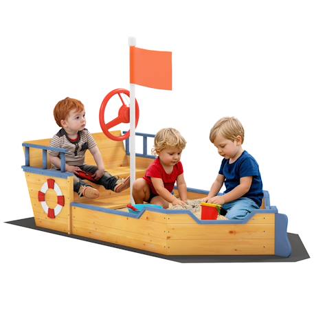 Bac à sable bateau de pirate - banc, coffre rangement, gouvernail, drapeau, bâche - bois sapin pré-huilé Jaune 1 - vertbaudet enfant 