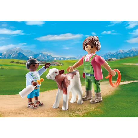 Duo : fermière avec enfant donnant le biberon à un veau 71803 Multicolore 1 - vertbaudet enfant 