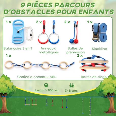 Parcours d'obstacles ninja enfants 10 m charge 100 kg pp multicolore Bleu 5 - vertbaudet enfant 
