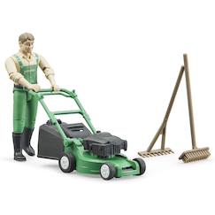 Jouet-Jeux d'imagination-Bworld jardinier avec tondeuse à gazon et outils de jardinage