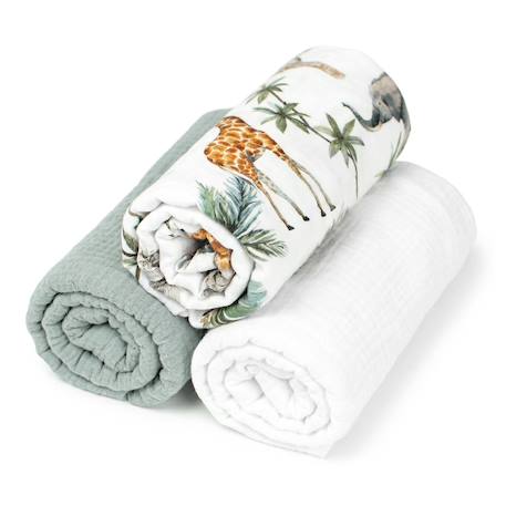 Lot de 3 draps housses couffin en coton safari Blanc, vert, safari 1 - vertbaudet enfant 