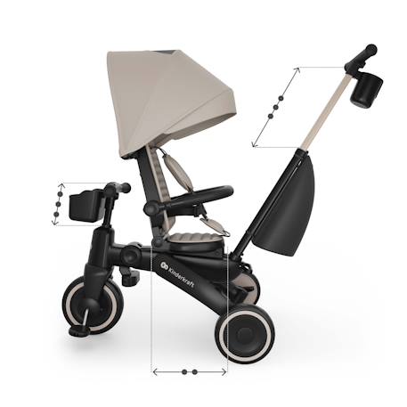 Tricycle Évolutif Kinderkraft JAZZ 3 Pliable avec Siège Pivotant, Position Semi-Allongée, Mode Draisienne et Capote UPF 50+ Beige+Gris+Rosa+Vert 4 - vertbaudet enfant 