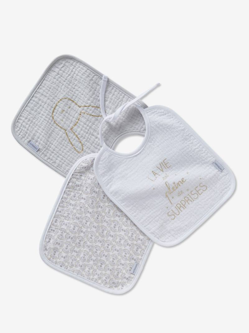 VERTBAUDET Lot De 3 Grands Bavoirs Éponge Bébé – Bleu Grisé, Animaux Brodé (Lapin, Écureuil, Ours)