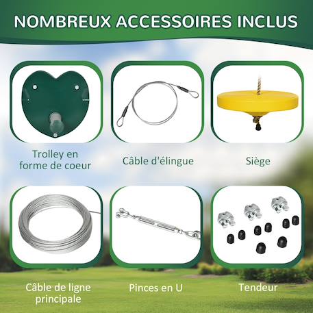 Kit complet tyrolienne 25 m - câble épais, poulie, poignées antidérapantes, assise pe - accessoires inclus Jaune 6 - vertbaudet enfant 