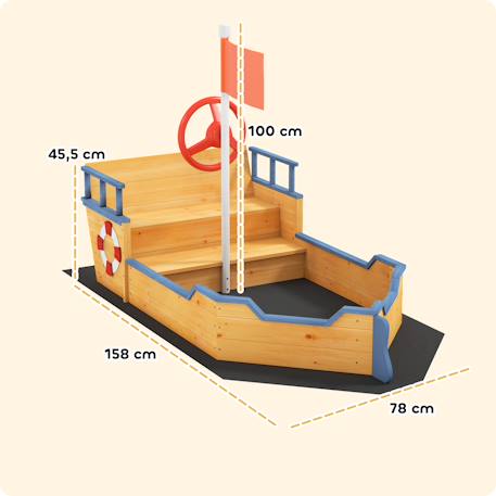 Bac à sable bateau de pirate - banc, coffre rangement, gouvernail, drapeau, bâche - bois sapin pré-huilé Jaune 3 - vertbaudet enfant 