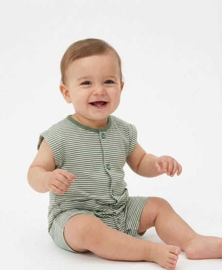 Combishort 100% coton bébé mixte Fond blanc casse raye kaki 1 - vertbaudet enfant 