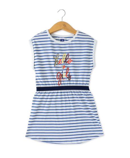 Robe manches courtes 100% coton fille Fond blanc raye indigo 1 - vertbaudet enfant 
