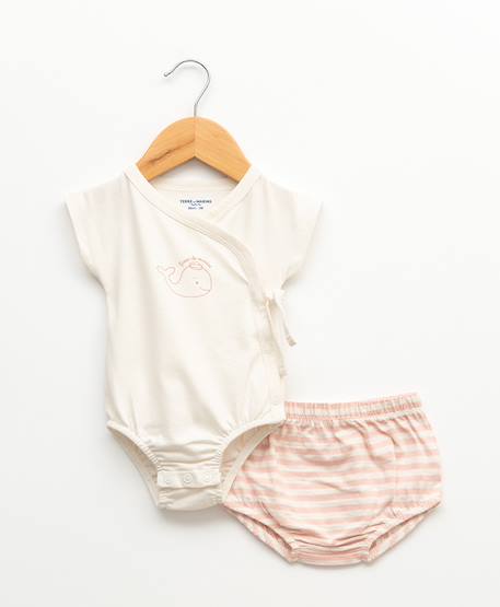 Ensemble bloomer + haut 100% coton bébé fille Fond blanc casse raye rose 1 - vertbaudet enfant 