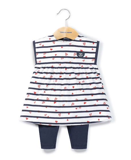 Ensemble robe + bas 100% coton bébé fille Fond blanc raye indigo 1 - vertbaudet enfant 