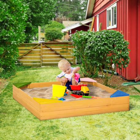 Bac à sable carré en bois pour enfants 4 assises en coin et film protection 109 x 109 x 19,8 cm bois naturel Beige 1 - vertbaudet enfant 