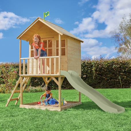 Maisonnette cabane sur pilotis avec toboggan colline bois fsc® Marron - vert kaki 1 - vertbaudet enfant 