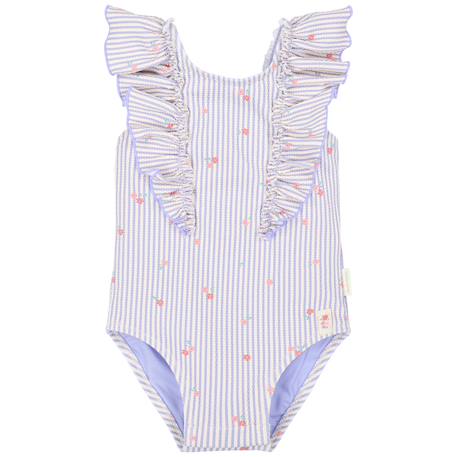 Maillot de bain fille 1 pièce - rayures et fleurs avec volants Bleu, blanc, rose+Bleu, blanc, rose 1 - vertbaudet enfant 