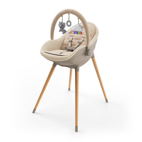 Chaise haute 2-en-1 FINI UP, évolutive transat et repas avec double plateau, harnais 5 points, réglable, insert nouveau-né, arche jouets, pieds bois, facile à nettoyer Beige+Gris 1 - vertbaudet enfant 