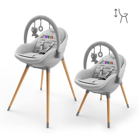 Chaise haute 2-en-1 FINI UP, évolutive transat et repas avec double plateau, harnais 5 points, réglable, insert nouveau-né, arche jouets, pieds bois, facile à nettoyer Beige+Gris 9 - vertbaudet enfant 